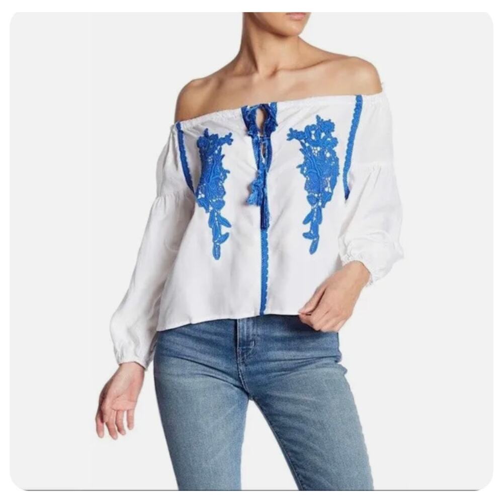 NWT Line & Dot Womens Valor White Blue Embroidery Crop Boho Blouse Top XS NWT
